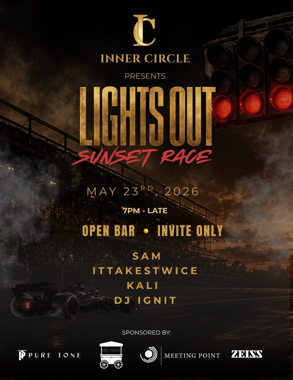 The Lights Out flyer: Inner Circle presents Lights Out, Sunset Race, May 23 2026, over a Formula 1 car at a floodlit circuit